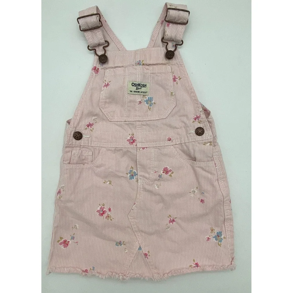 OshKosh Bgosh Pink Pinstripe Floral Overall Dress Toddler 24M Frayed Hem